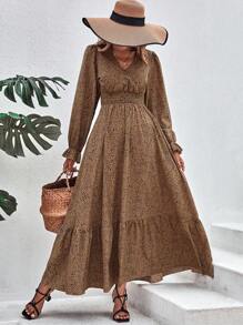 SHEIN VCAY Đầm Xù Viên lá sen Dải chun Tất cả trên in Giải trí - Màu Khaki - Xem 6
