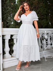 Simplee Plus Eyelet Embroidery Scallop Trim Puff Sleeve Split Thigh Dress - White - View 4