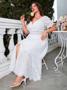 Simplee Plus Eyelet Embroidery Scallop Trim Puff Sleeve Split Thigh Dress - White - View 6