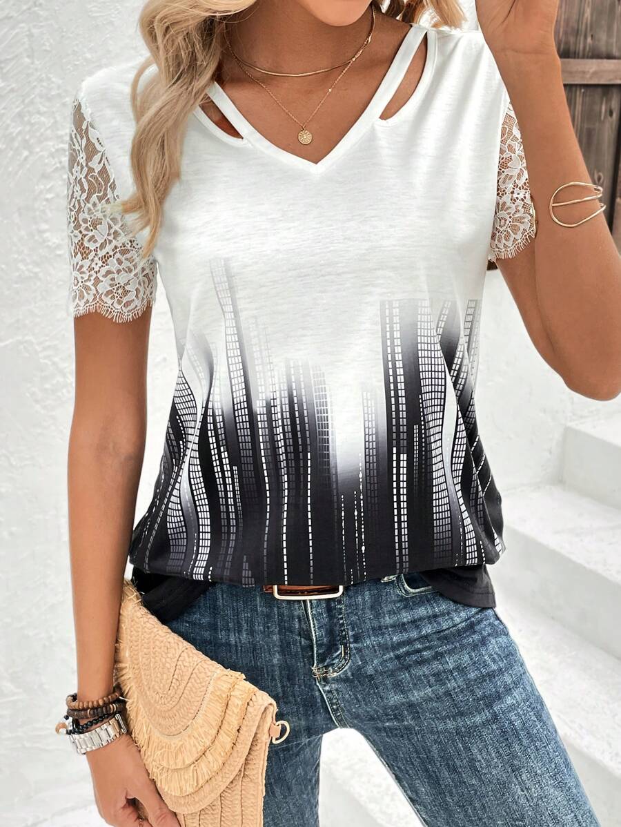 SHEIN LUNE Áo thun nữ Tương phản ren Cắt ra Ombre Giải trí - Đen và trắng - Xem 1