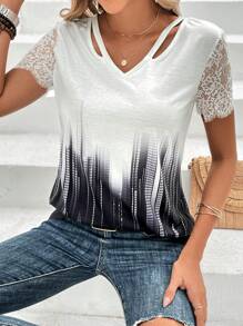 SHEIN LUNE Áo thun nữ Tương phản ren Cắt ra Ombre Giải trí - Đen và trắng - Xem 6