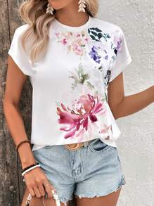 SHEIN LUNE 印花蝙蝠袖T恤 - 白色 - 查看 3