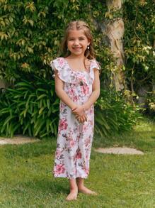 SHEIN Baby Girl Floral Printed Overalls Jumpsuit