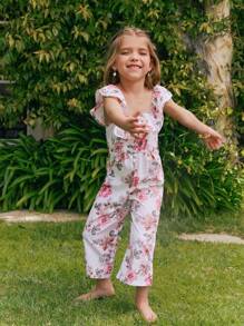 SHEIN Baby Girl Floral Printed Overalls Jumpsuit