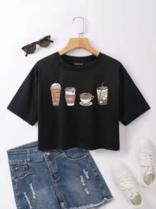 SHEIN EZwear Áo thun nữ Hoạt hình Giải trí - màu đen - Xem 1