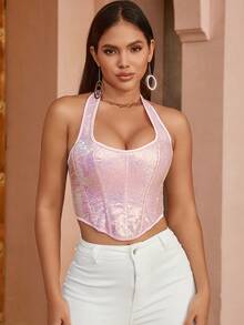 Áo crop top dây buộc lưng đính sequin - Hồng - Xem 6