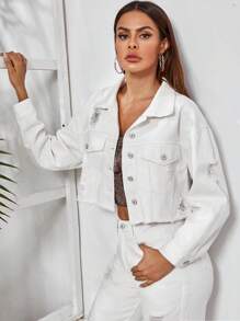 SHEIN Essnce 破洞毛邊下擺落肩短版牛仔夾克 - 白色 - 查看 3
