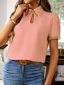 SHEIN LUNE 蕾絲拼接鎖眼領泡泡袖襯衫 - 粉色 - 查看 3