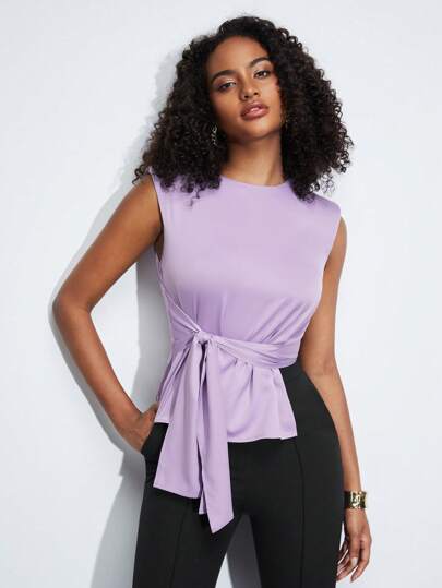 BizChic 素色前繫帶無袖襯衫工作服