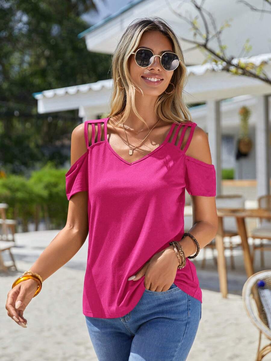 SHEIN LUNE Cold Shoulder Solid Tee - Hot Pink - View 1