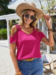 SHEIN LUNE Cold Shoulder Solid Tee - Hot Pink - View 4