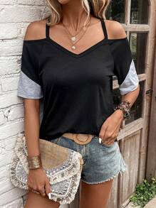 SHEIN LUNE 撞色挖肩T恤 - 黑色 - 查看 3