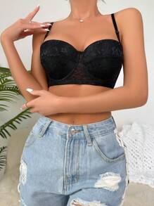 Women's Black Knitted Lace Contrast Plain Bralette Casual Bra Top With Slight Stretch - Black - View 4