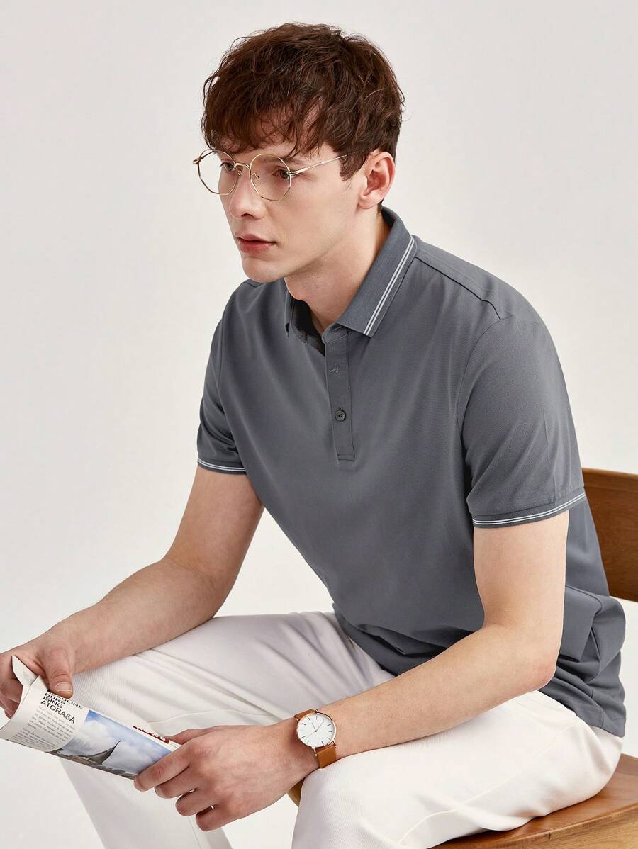 男士條紋飾邊POLO衫 - 灰色 - 查看 1