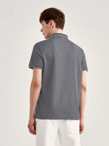 男士條紋飾邊POLO衫 - 灰色 - 查看 2