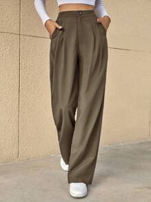 SHEIN Essnce Women Suit Pants Nút Túi Dây kéo Uốn nếp màu trơn - màu nâu - Xem 3