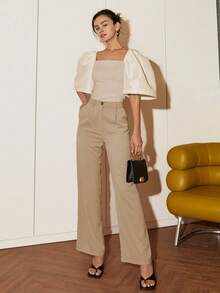 Women's Spring-Summer Casual Solid Color Puff Sleeve Square Collar Blouse, Summer Outfits For Women Crop Tops Business Casual Terno - Champagne - View 3