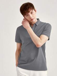 男士條紋飾邊POLO衫 - 灰色 - 查看 4