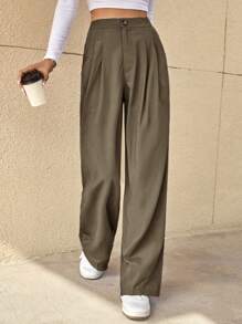 SHEIN Essnce Women Suit Pants Nút Túi Dây kéo Uốn nếp màu trơn - màu nâu - Xem 4