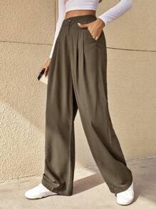 SHEIN Essnce Women Suit Pants Nút Túi Dây kéo Uốn nếp màu trơn - màu nâu - Xem 5