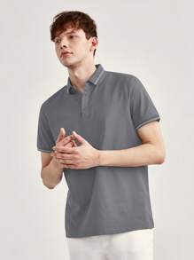 男士條紋飾邊POLO衫 - 灰色 - 查看 6