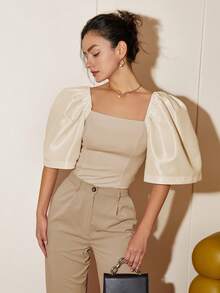 Women's Spring-Summer Casual Solid Color Puff Sleeve Square Collar Blouse, Summer Outfits For Women Crop Tops Business Casual Terno - Champagne - View 5
