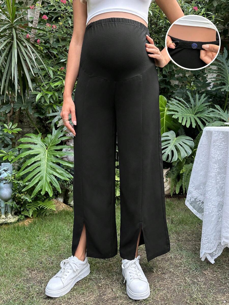 SHEIN Maternity Adjustable Waist Split Hem Wide Leg Trousers - Black - View 1
