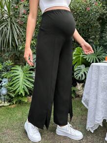 SHEIN Maternity Adjustable Waist Split Hem Wide Leg Trousers - Black - View 4