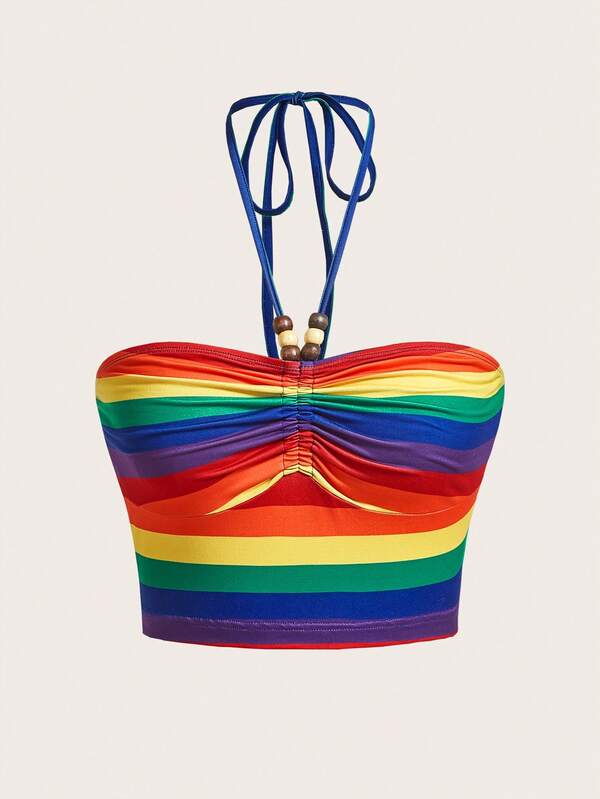 SHEIN EZwear Rainbow Striped Drawstring Ruched Halter Top