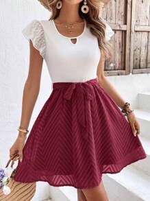 SHEIN Frenchy Colourblock Keyhole Neckline Butterfly Sleeve Belted Dress - Burgundy - View 1