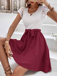 SHEIN Frenchy Colourblock Keyhole Neckline Butterfly Sleeve Belted Dress - Burgundy - View 4