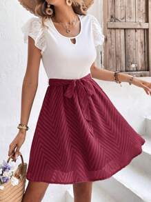 SHEIN Frenchy Colourblock Keyhole Neckline Butterfly Sleeve Belted Dress - Burgundy - View 6