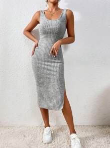 SHEIN Essnce Split Thigh Tank Bodycon Dress - Light Grey - View 3
