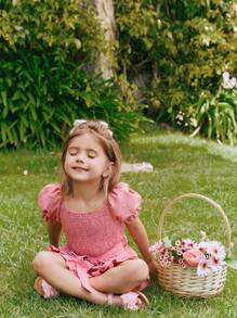 SHEIN Bebé 1 pieza Mono de manga farol bajo con fruncido con cinturón - Rosa vieja - Ver 4