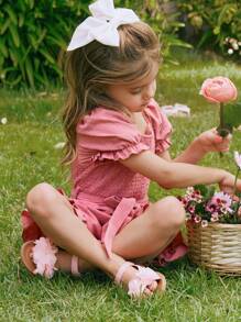 SHEIN Bebé 1 pieza Mono de manga farol bajo con fruncido con cinturón - Rosa vieja - Ver 5