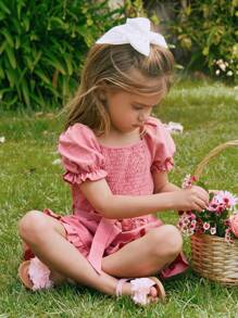 SHEIN Bebé 1 pieza Mono de manga farol bajo con fruncido con cinturón - Rosa vieja - Ver 6