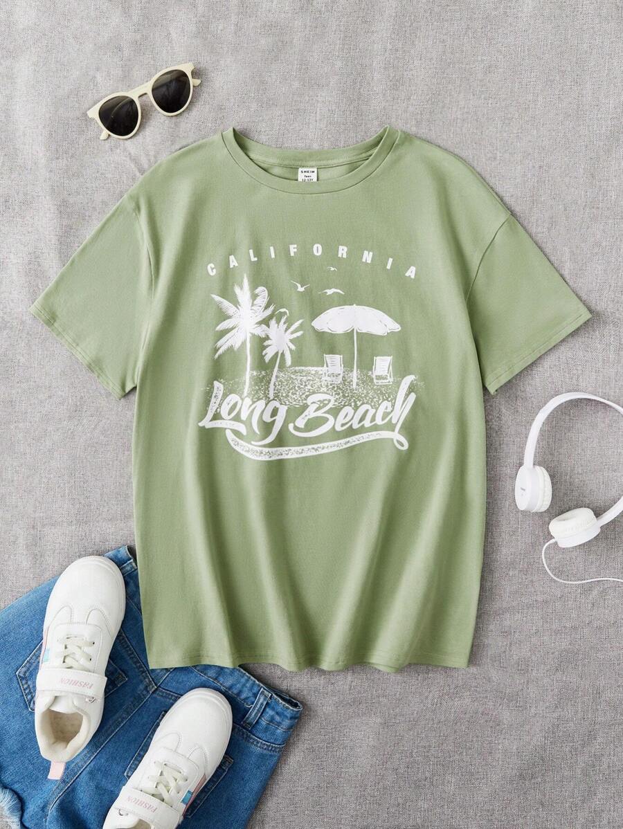 SHEIN Chicas adolescentes Camiseta con letra & con estampado de árbol - verde menta - Ver 1