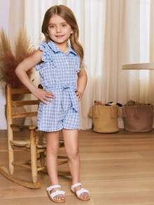 SHEIN Baby Plaid Print Ruffle Trim Belted Shirt Romper - Blue and White - View 2
