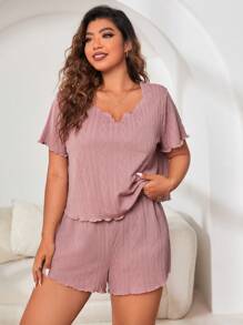 Conjunto de pijama ribete en forma de lechuga de cuello notch - Rosa vieja - Ver 3