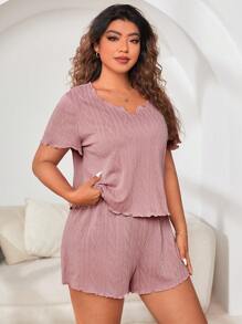 Conjunto de pijama ribete en forma de lechuga de cuello notch - Rosa vieja - Ver 4