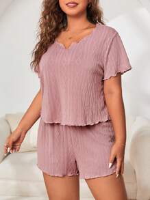 Conjunto de pijama ribete en forma de lechuga de cuello notch - Rosa vieja - Ver 5
