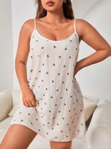 Plus Allover Cherry Print Cami Pajama Nightdress - Beige - View 1