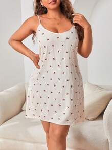 Plus Allover Cherry Print Cami Pajama Nightdress - Beige - View 4