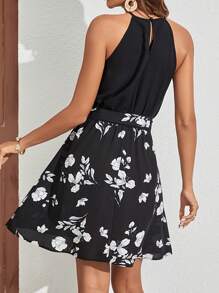 SHEIN Frenchy 印花腰帶掛脖洋裝 - 黑色 - 查看 4