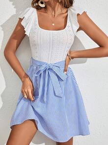 SHEIN Frenchy Đầm Thắt lưng Xù Tranh thêu Sọc Giải trí - Xanh và trắng - Xem 2