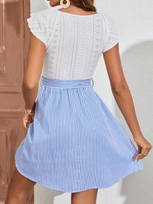 SHEIN Frenchy Đầm Thắt lưng Xù Tranh thêu Sọc Giải trí - Xanh và trắng - Xem 5