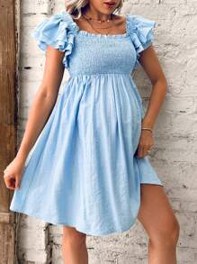 SHEIN Maternity Square Neck Butterfly Sleeve Dress - Baby Blue - View 5