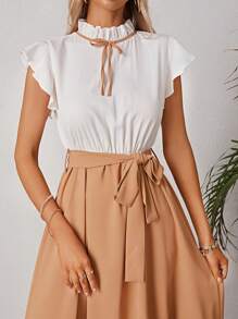 Two Tone Frill Neck Belted Dress - Multicolor - View 3