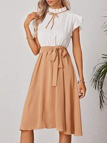 Two Tone Frill Neck Belted Dress - Multicolor - View 4