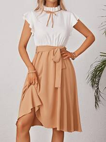 Two Tone Frill Neck Belted Dress - Multicolor - View 5